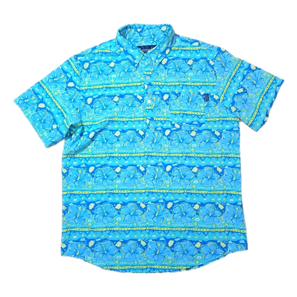 Simply Southern Hawaiian Hibiscus Polo Men's Sz Large Light Blue Lime Stretch - Picture 1 of 8